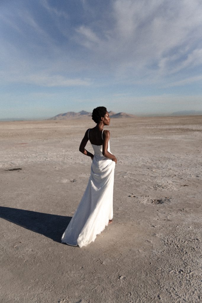 bride in a white dress in a desert