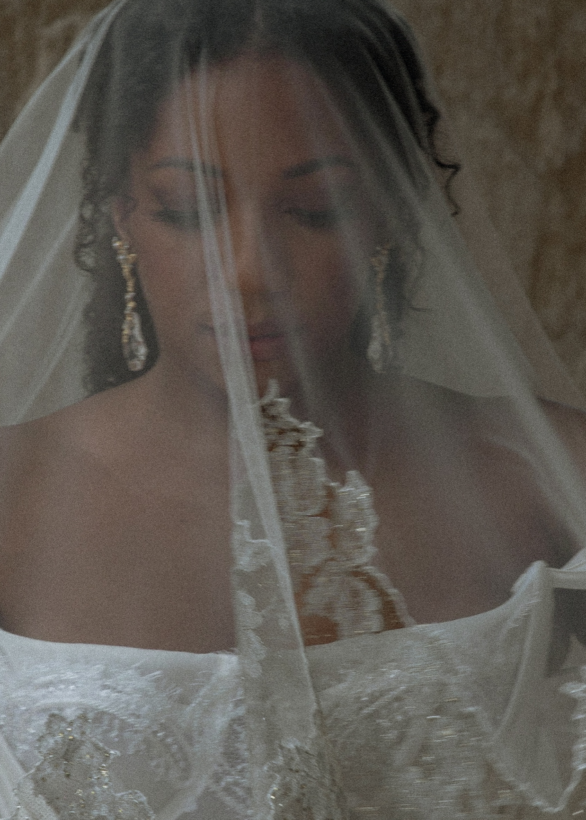 Lauren wearing a wedding dress and veil

